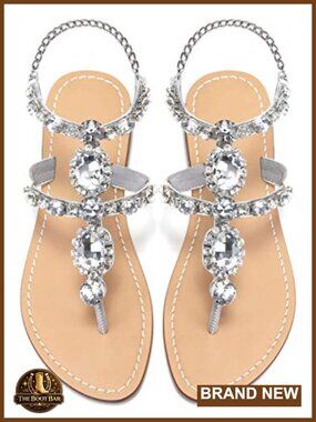 Rhinestone Gladiator Sandals Flat Wedding Bridal Sandals Gem Pearl Bohemian